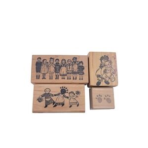 VTG PSX Stampendous Rubber Stamp Set of 4 Wood Block 80s Girls Kids‎ Macmillan